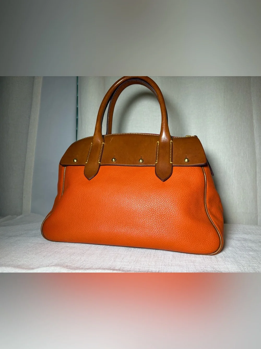 Dooney & Bourke Wilson Satchel Tangerine Orange Pebbled Leather Brown Trim Bag